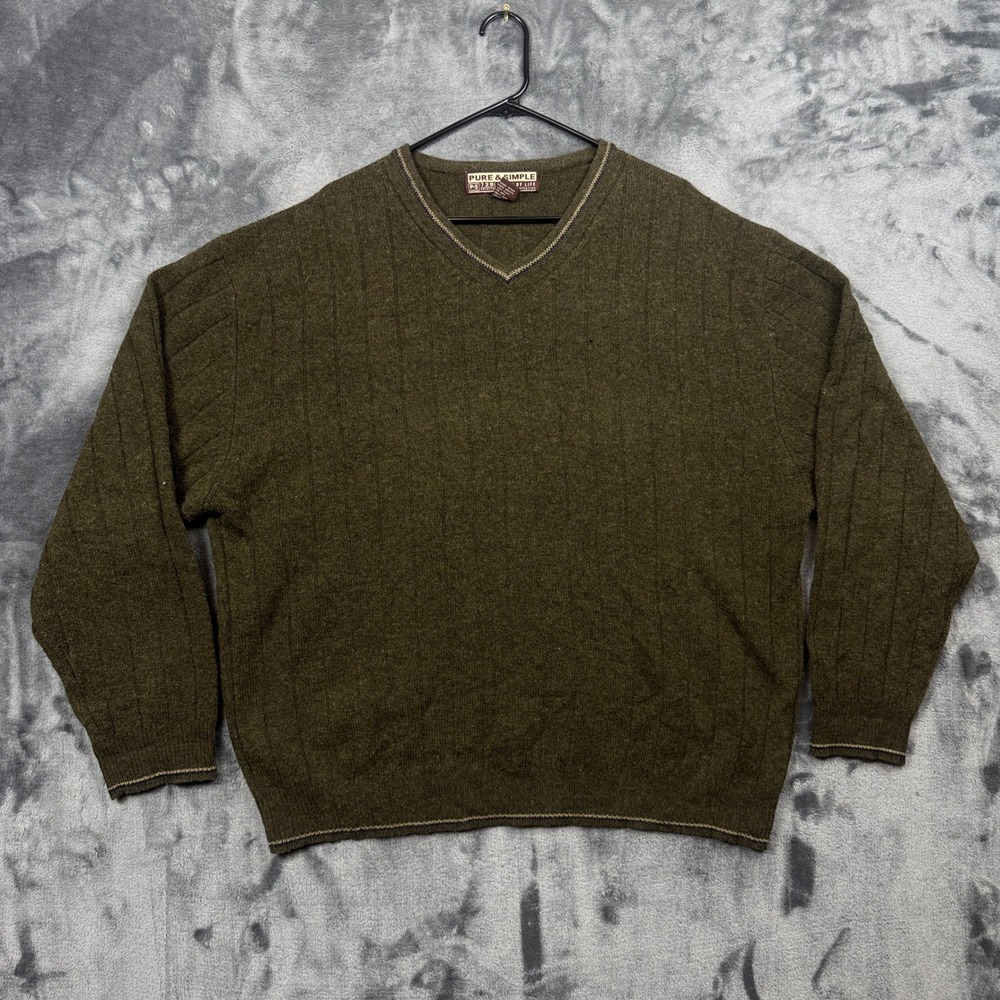 Pure & Simple V-Neck Sweater Mens XXL Green Lambswool Ribbed Knit Pullover